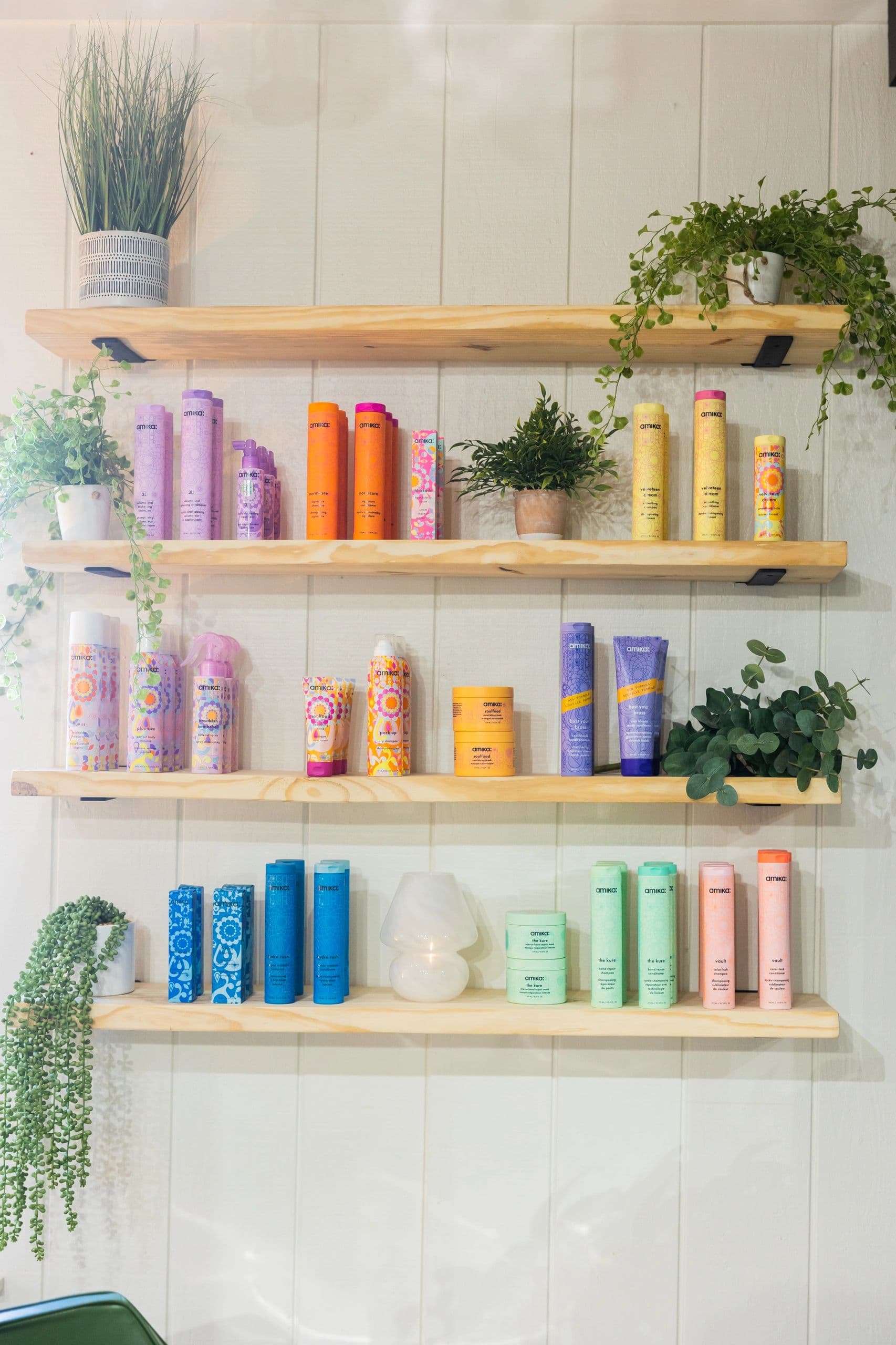 Colorful hair care products arranged on wooden shelves with trailing plants
